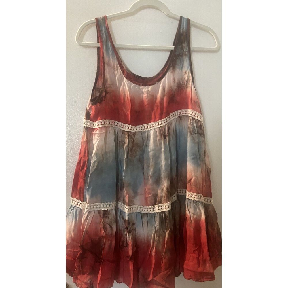 entro Tie-Dye Red and Blue Sleeveless Tiered Dress
